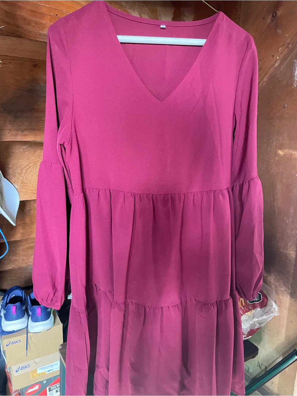 Women's V-Neck Long Sleeve Tiered Dress - Berry